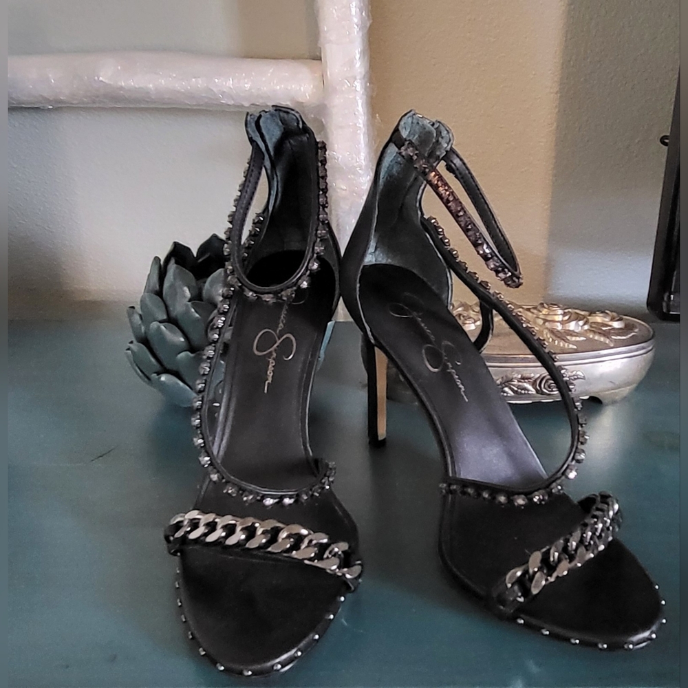 Jessica Simpson Black Heels with Chain Accent